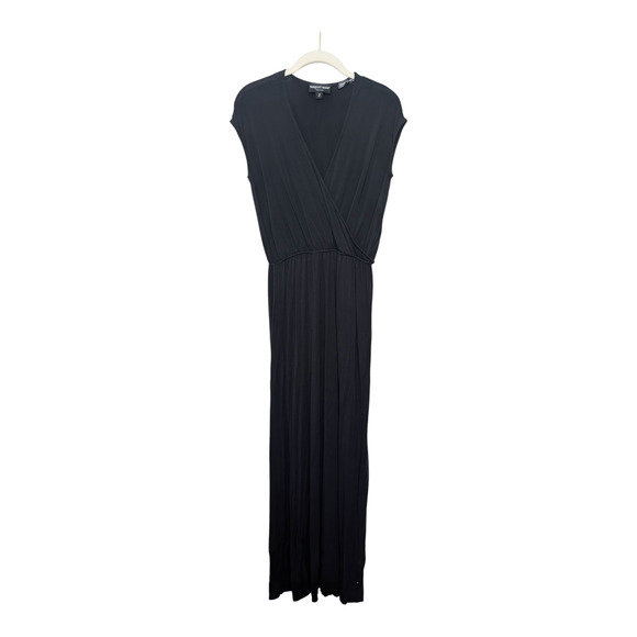 Black Jersey Maxi Dress Vneck Faux Wrap Womens Sz S Short Sleeves Newport News - Picture 2 of 9